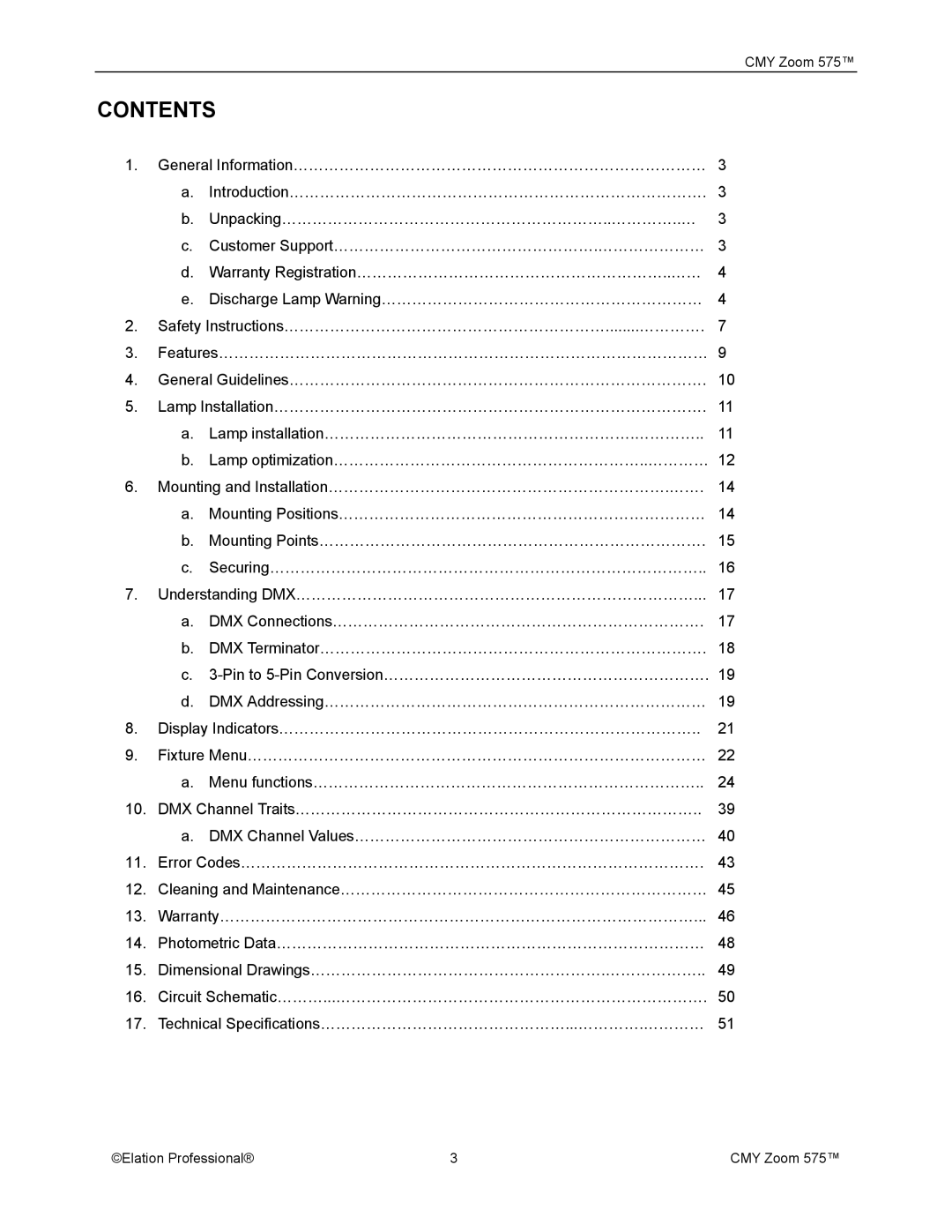 Elation Professional CMY Zoom 575 user manual Contents 