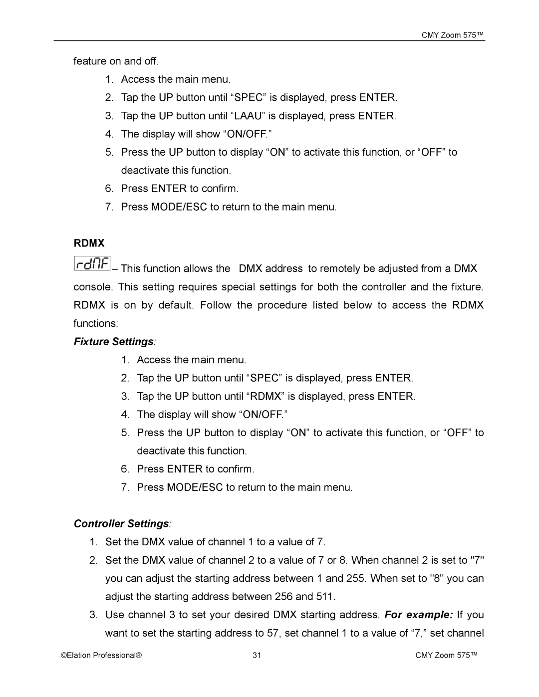 Elation Professional CMY Zoom 575 user manual Rdmx, Fixture Settings, Controller Settings 