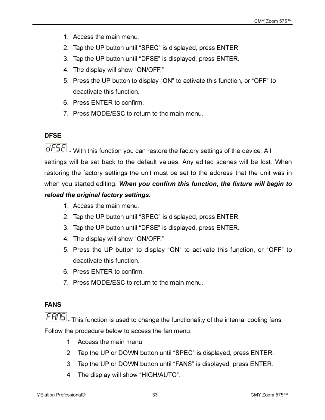 Elation Professional CMY Zoom 575 user manual Dfse, Reload the original factory settings, Fans 