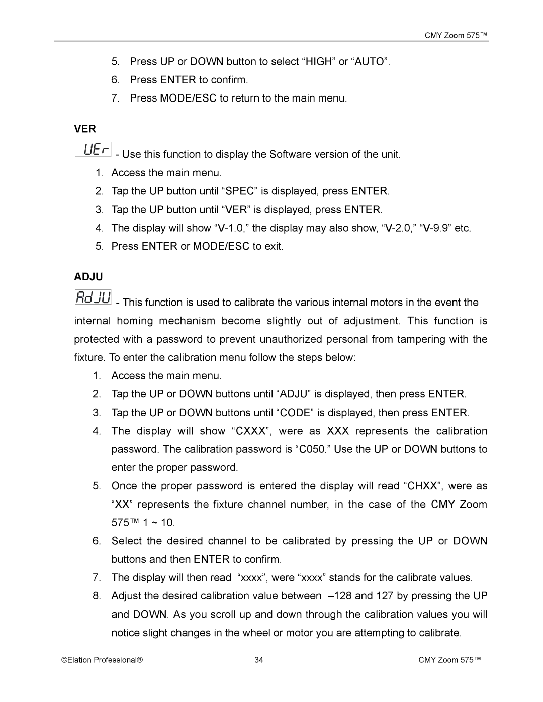 Elation Professional CMY Zoom 575 user manual Ver, Adju 