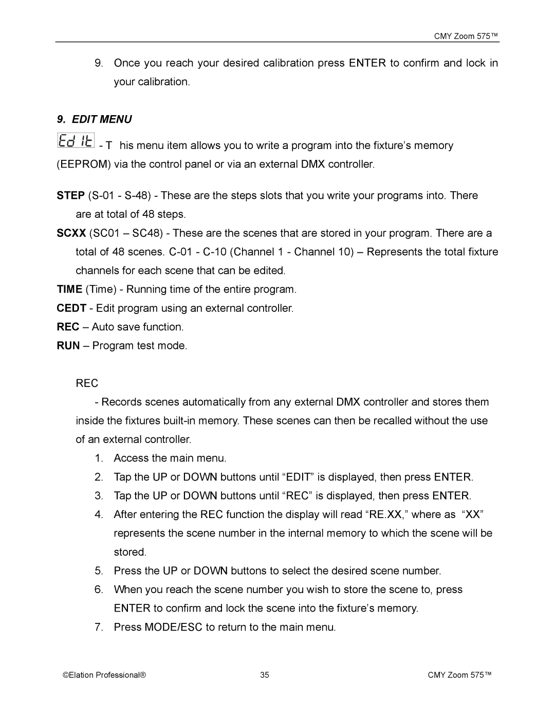 Elation Professional CMY Zoom 575 user manual Edit Menu 