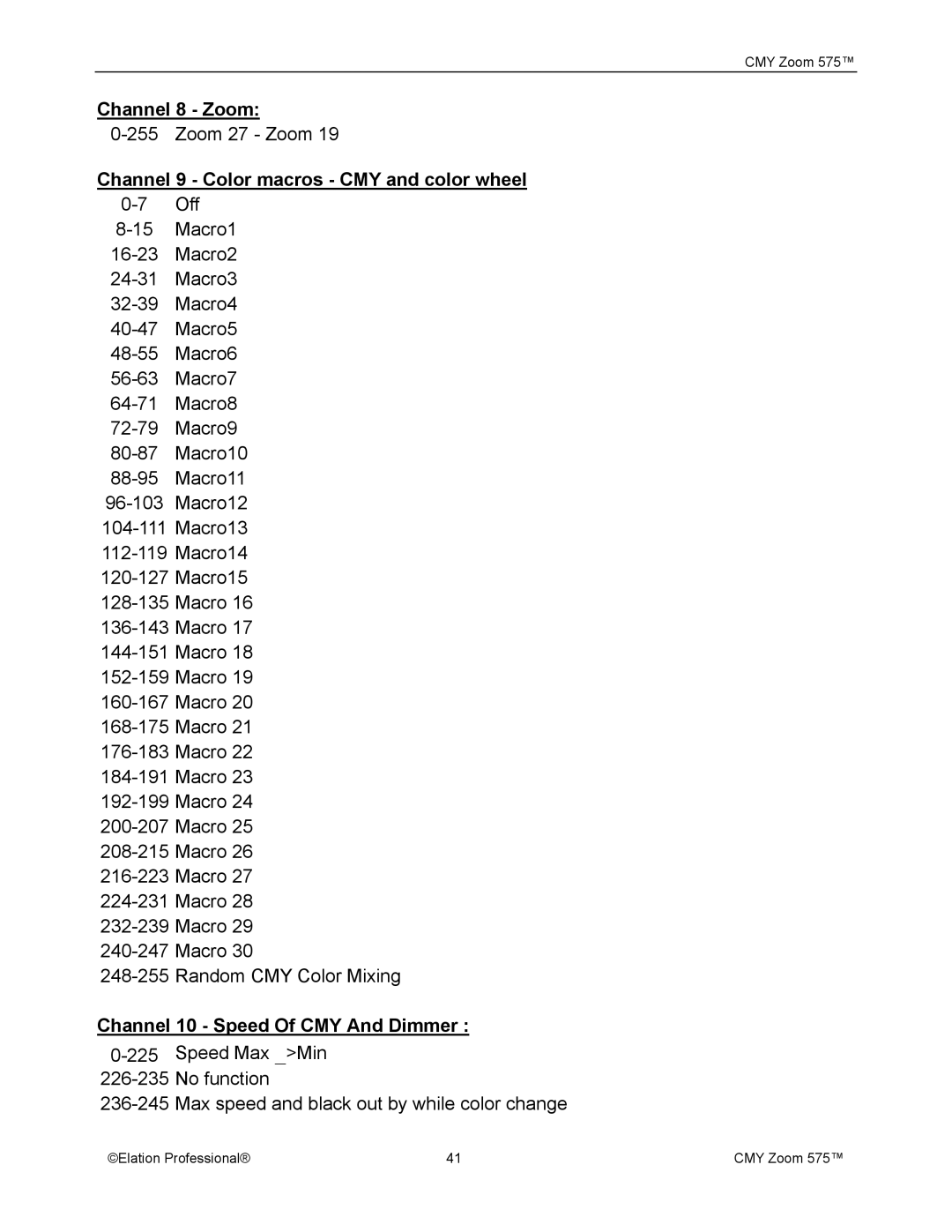 Elation Professional CMY Zoom 575 user manual Channel 8 Zoom 