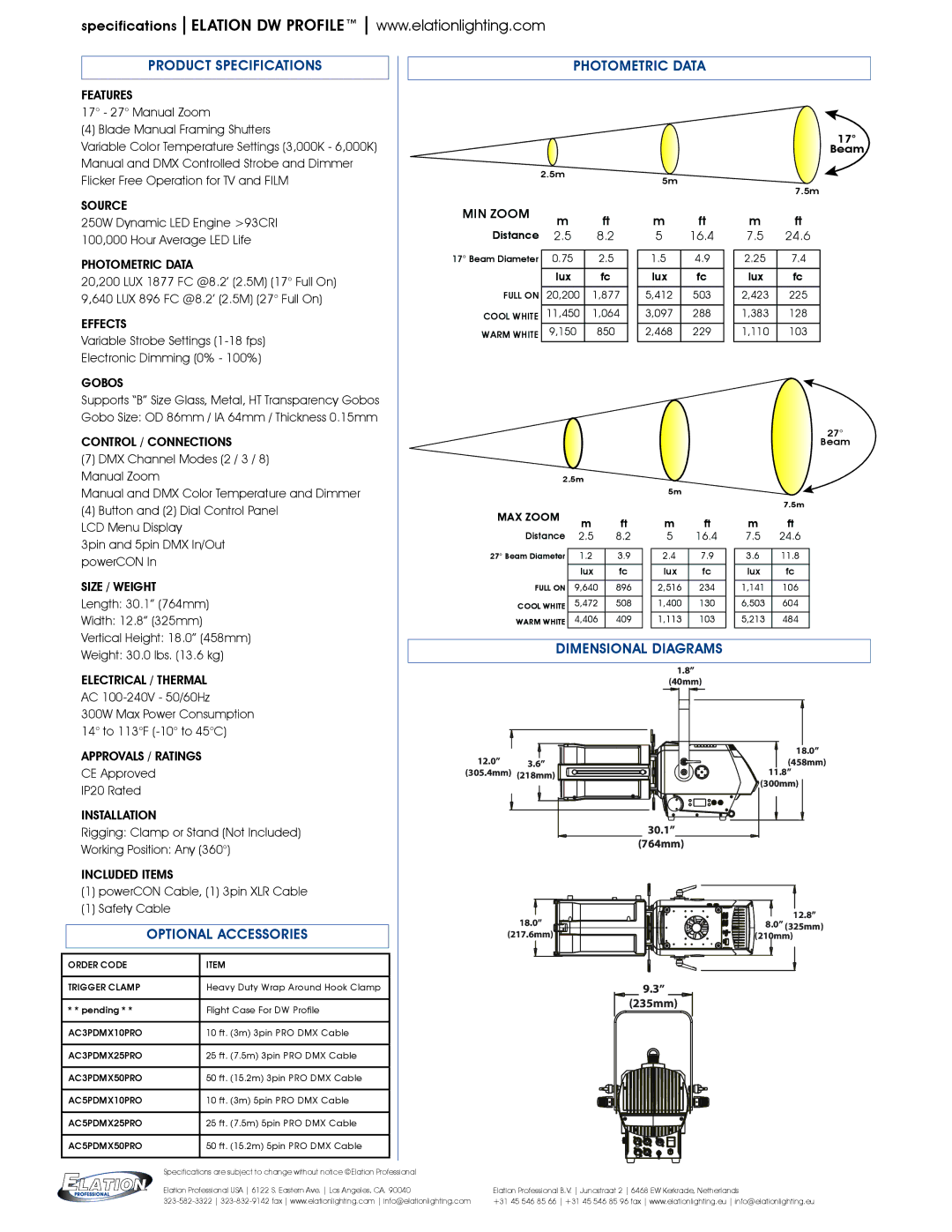 Elation Professional DLE077 Product Specifications, Optional Accessories, Photometric Data, Dimensional Diagrams 