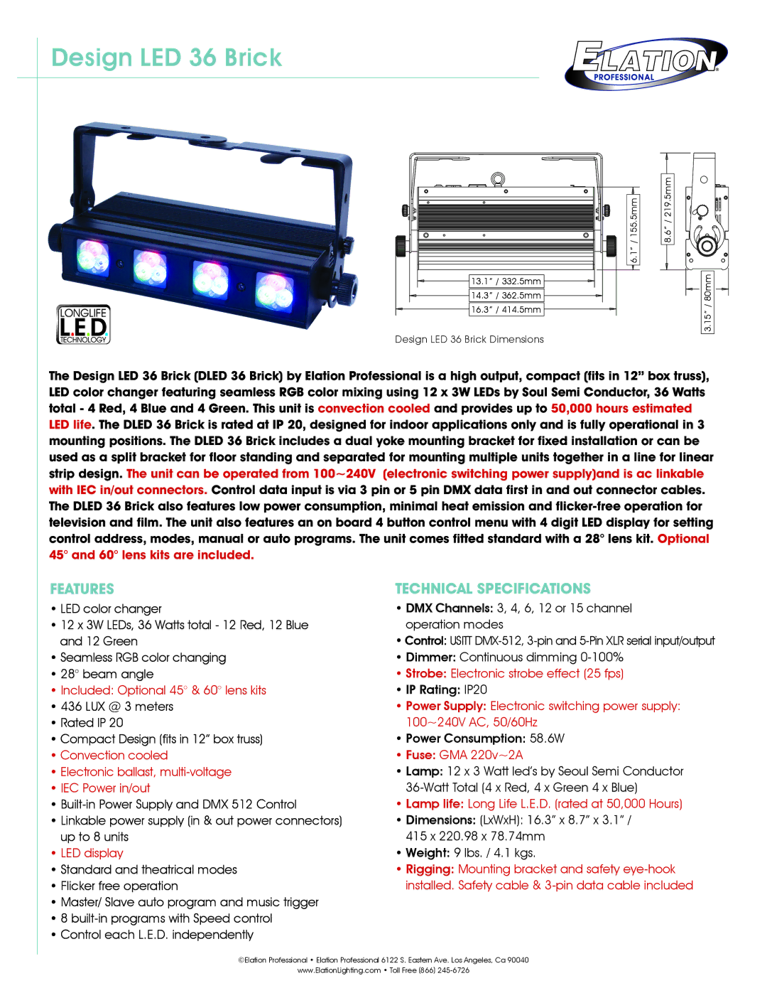 Elation Professional DLED 36 Brick technical specifications Design LED 36 Brick, Features, Technical Specifications 