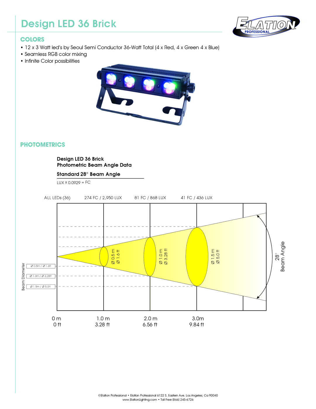 Elation Professional DLED 36 Brick technical specifications Colors, Photometrics 