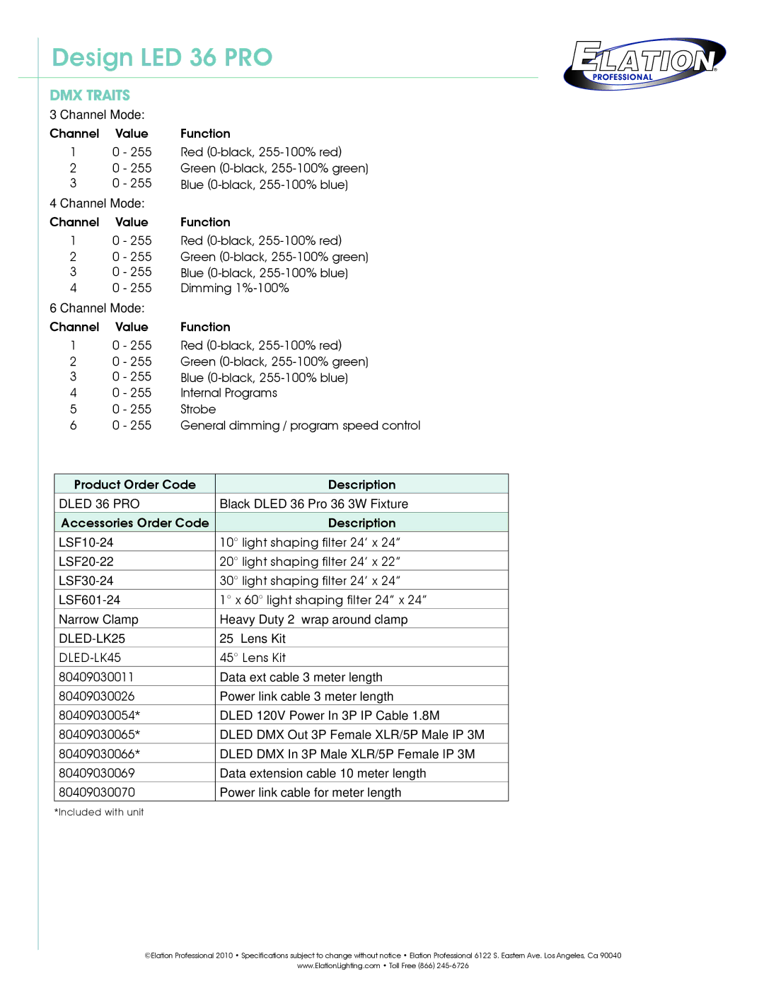 Elation Professional DLED36pro technical specifications DMX Traits, Dled 36 PRO, DLED-LK25, DLED-LK45 