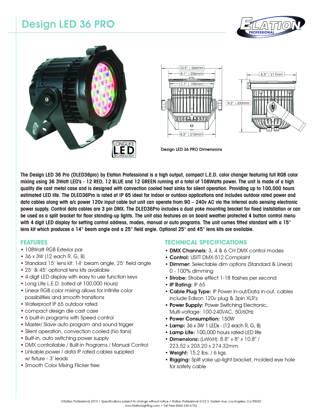 Elation Professional DLED36pro technical specifications Design LED 36 PRO, Features, Technical Specifications 