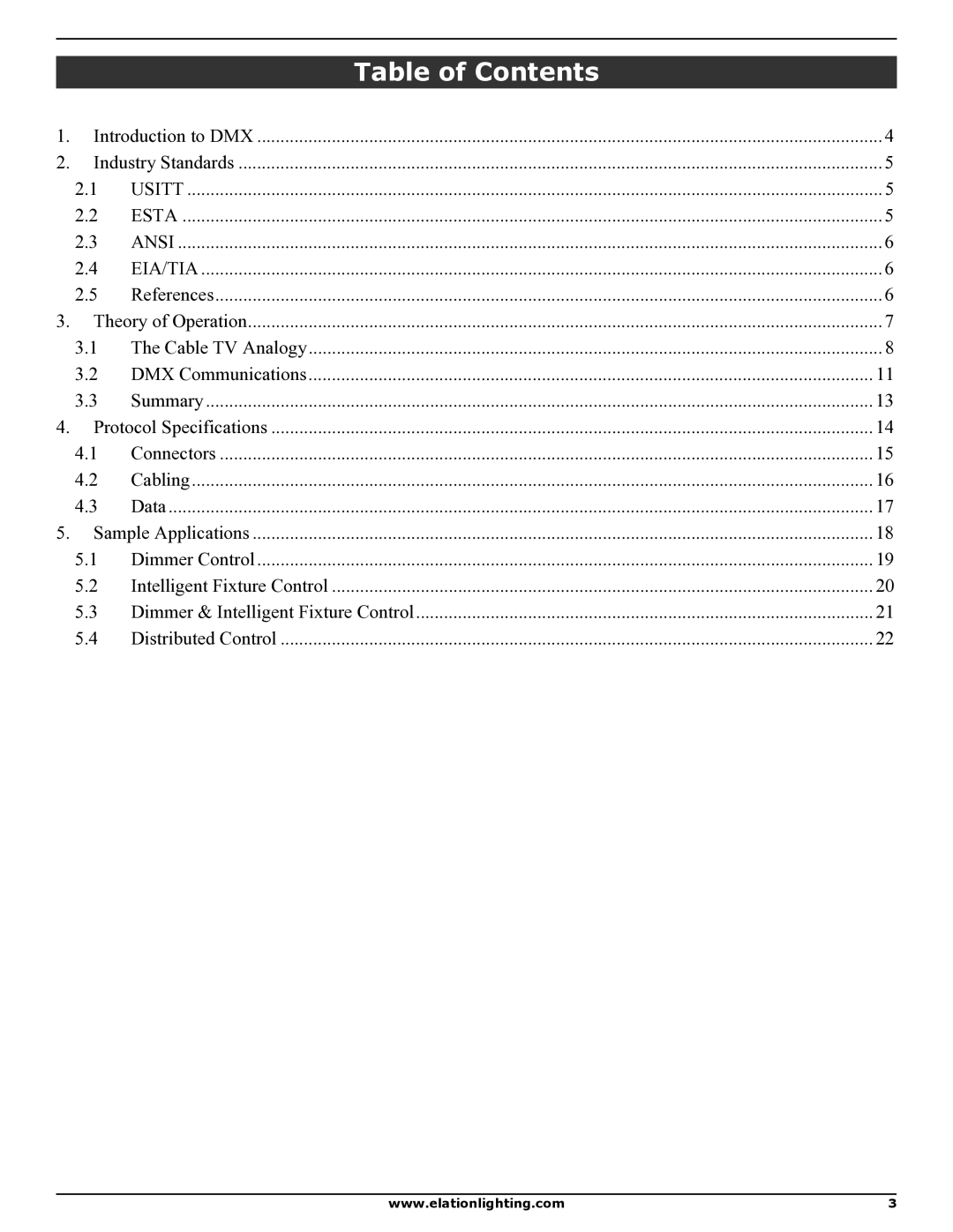 Elation Professional DMX 101 manual Table of Contents 