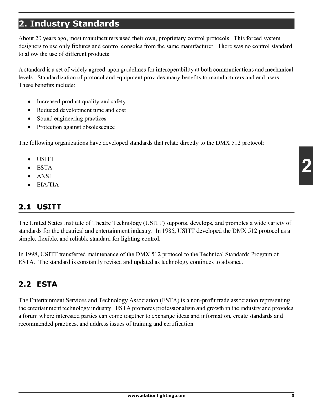 Elation Professional DMX 101 manual Industry Standards, Esta 