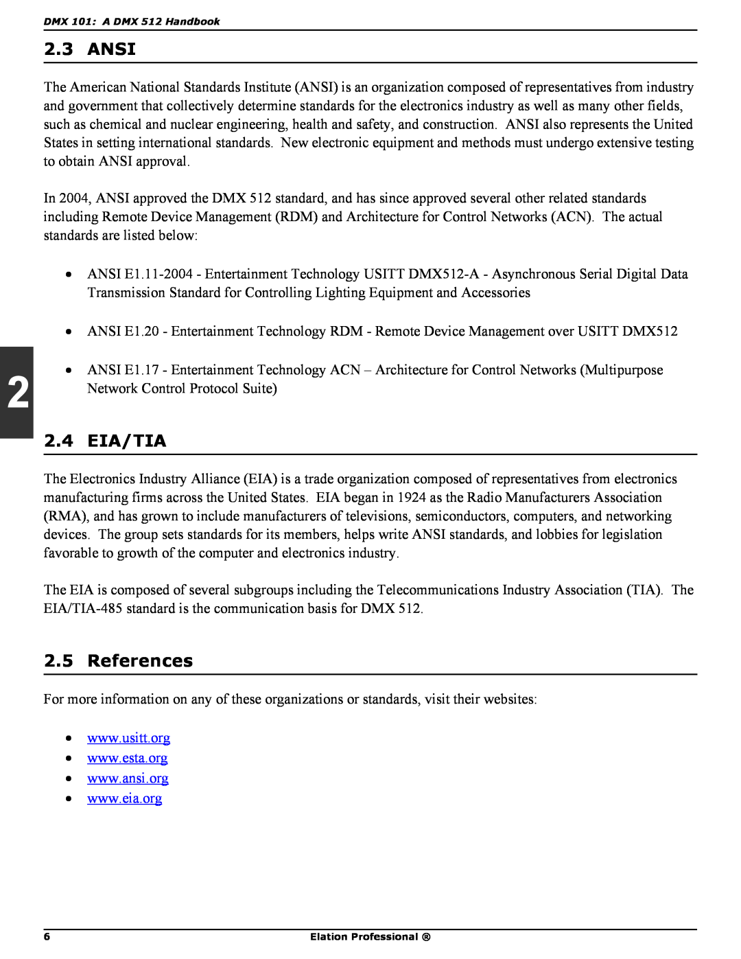 Elation Professional DMX 101 manual Ansi, 2.4 EIA/TIA, References 