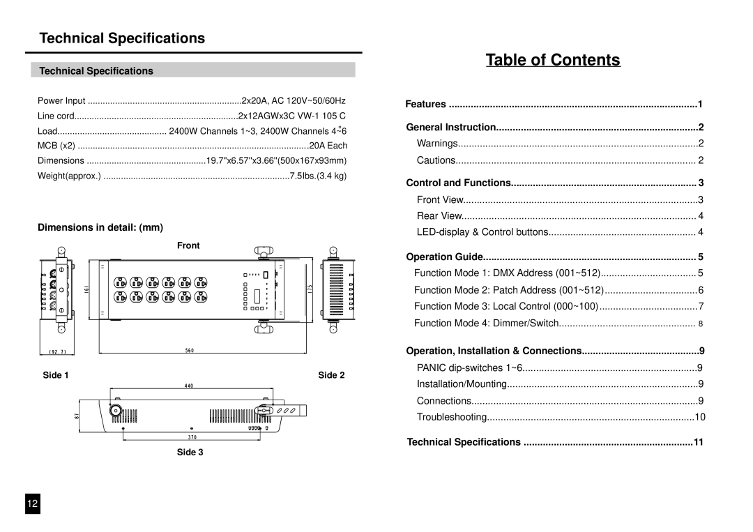 Elation Professional DP-640B manual Table of Contents 