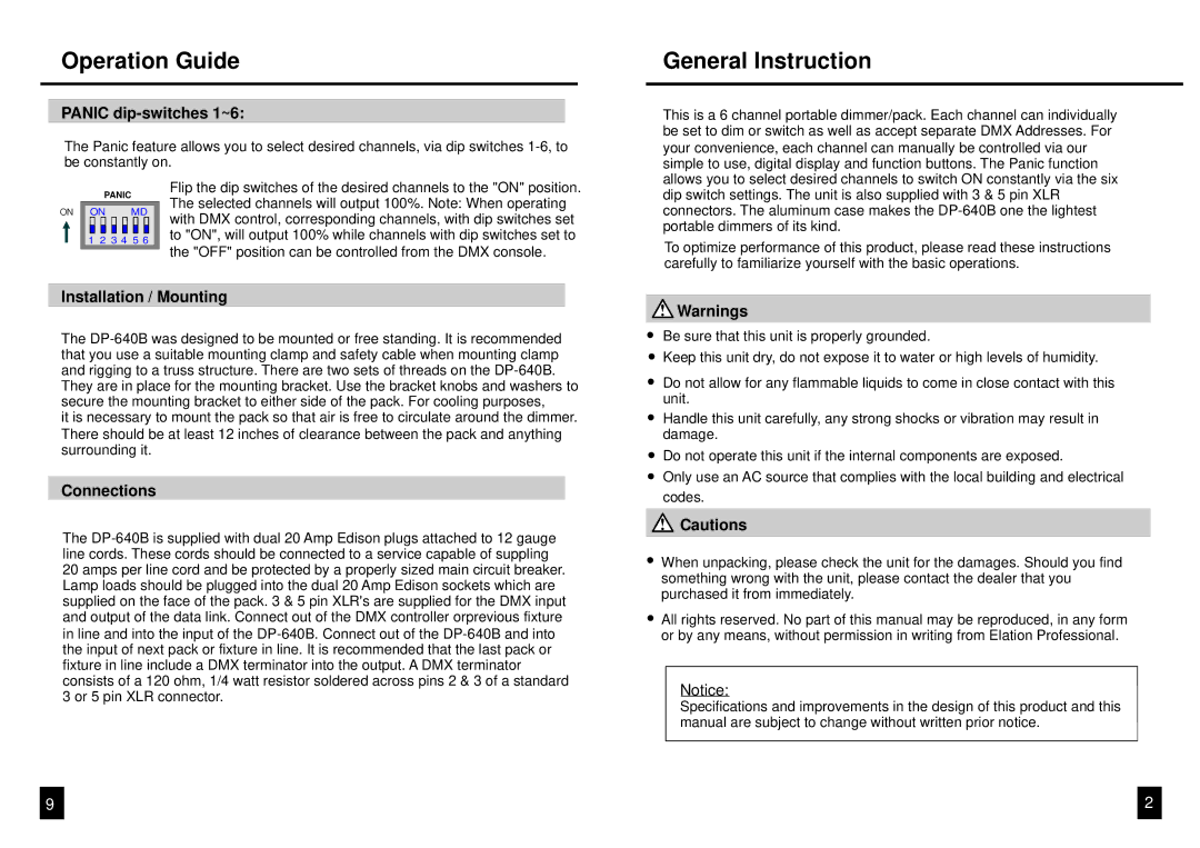 Elation Professional DP-640B manual Operation Guide, General Instruction, Panic dip-switches 1~6, Installation / Mounting 