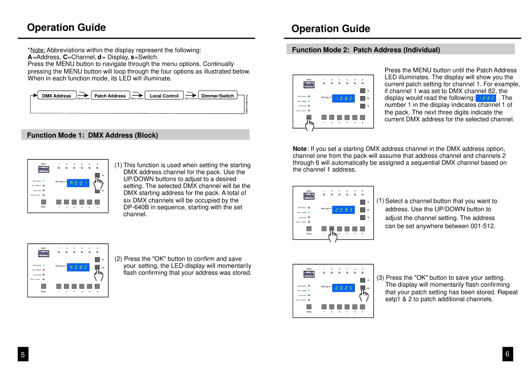Elation Professional DP-640B manual Function Mode 2 Patch Address Individual, Function Mode 1 DMX Address Block 