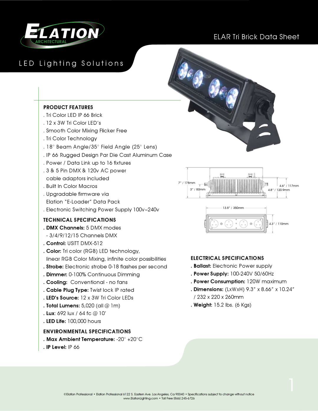 Elation Professional Elair Tri Brick technical specifications Technical Specifications 