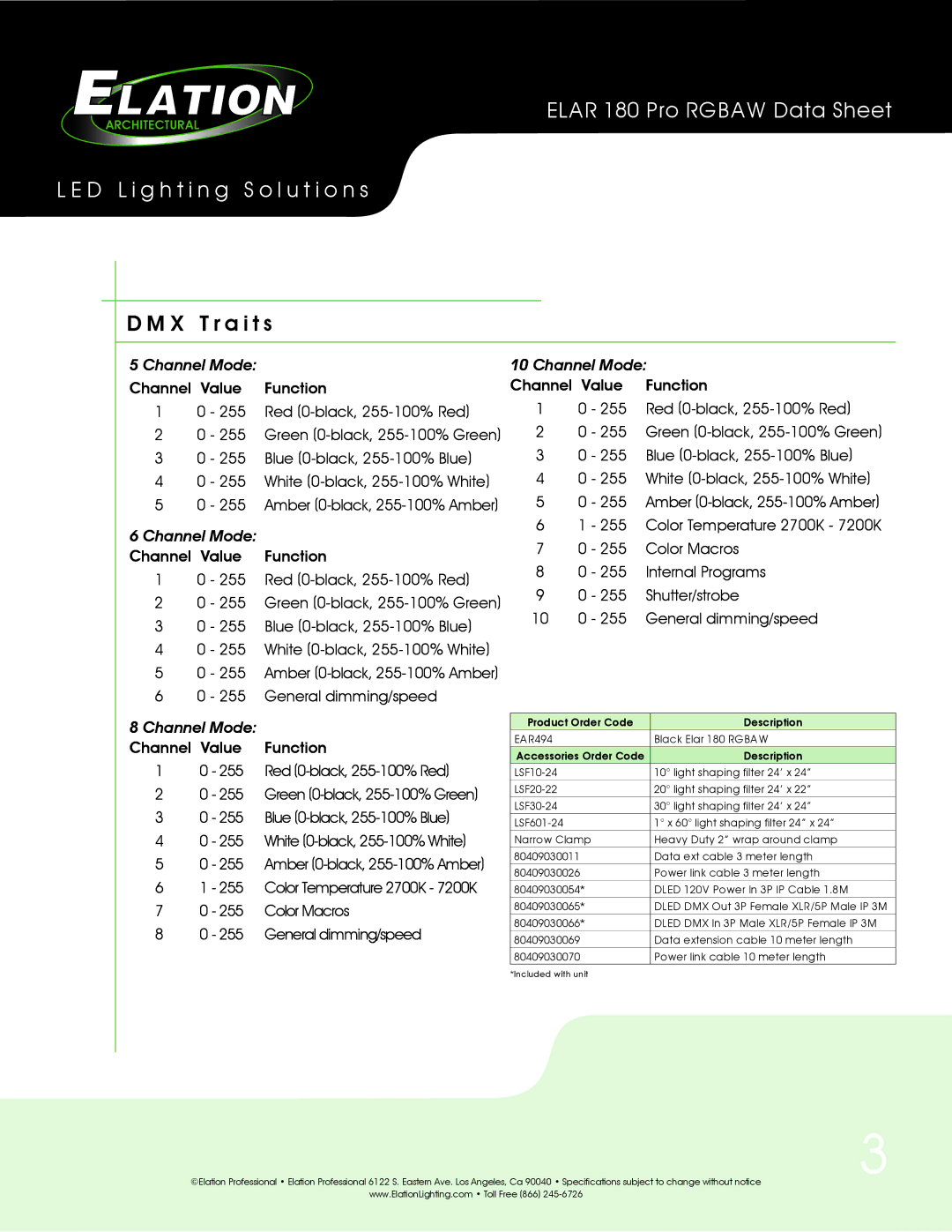 Elation Professional ELAR 180 PRO RGBAW technical specifications X T r a i t s, Channel Mode 