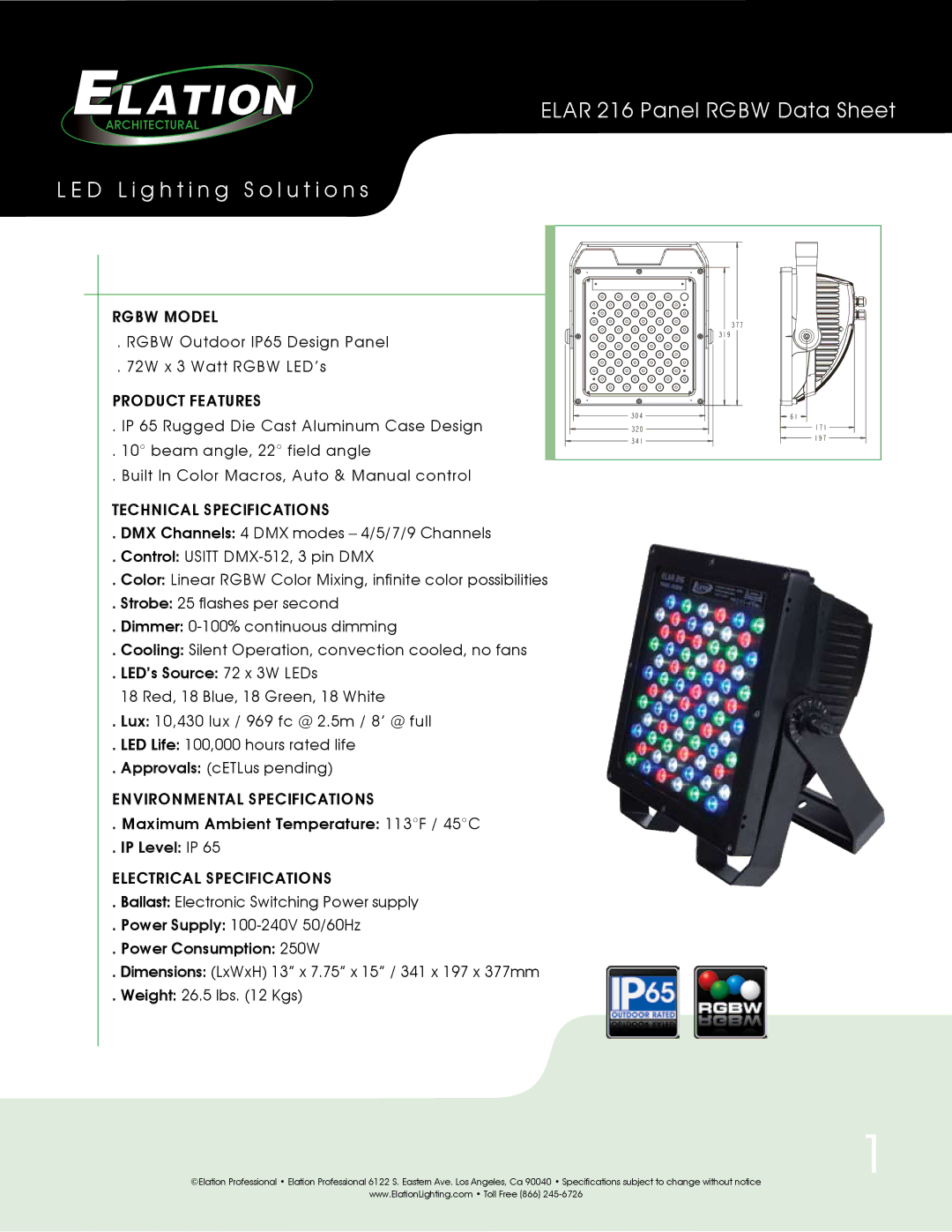 Elation Professional ELAR 216 technical specifications Technical Specifications 