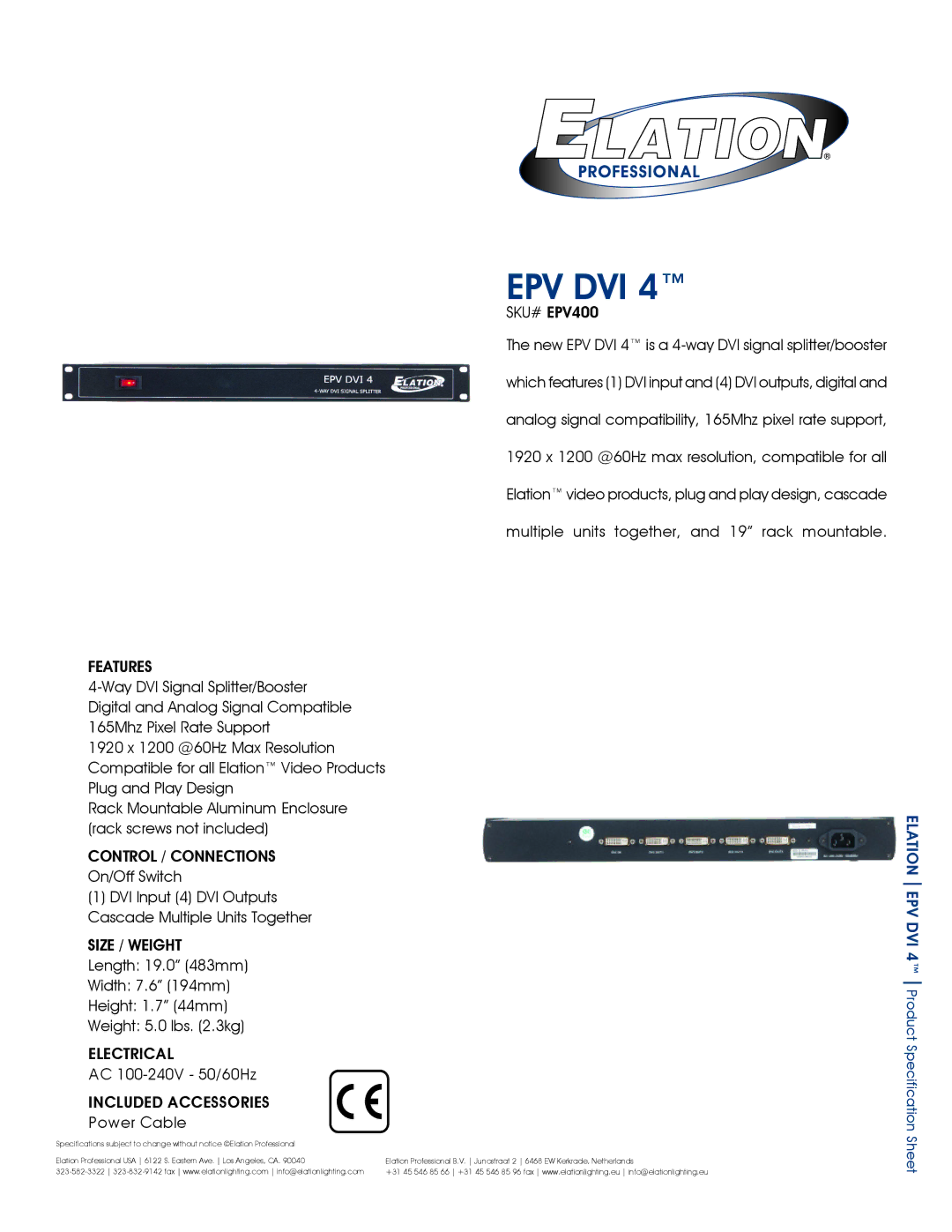 Elation Professional EPV400 specifications Epv Dvi 