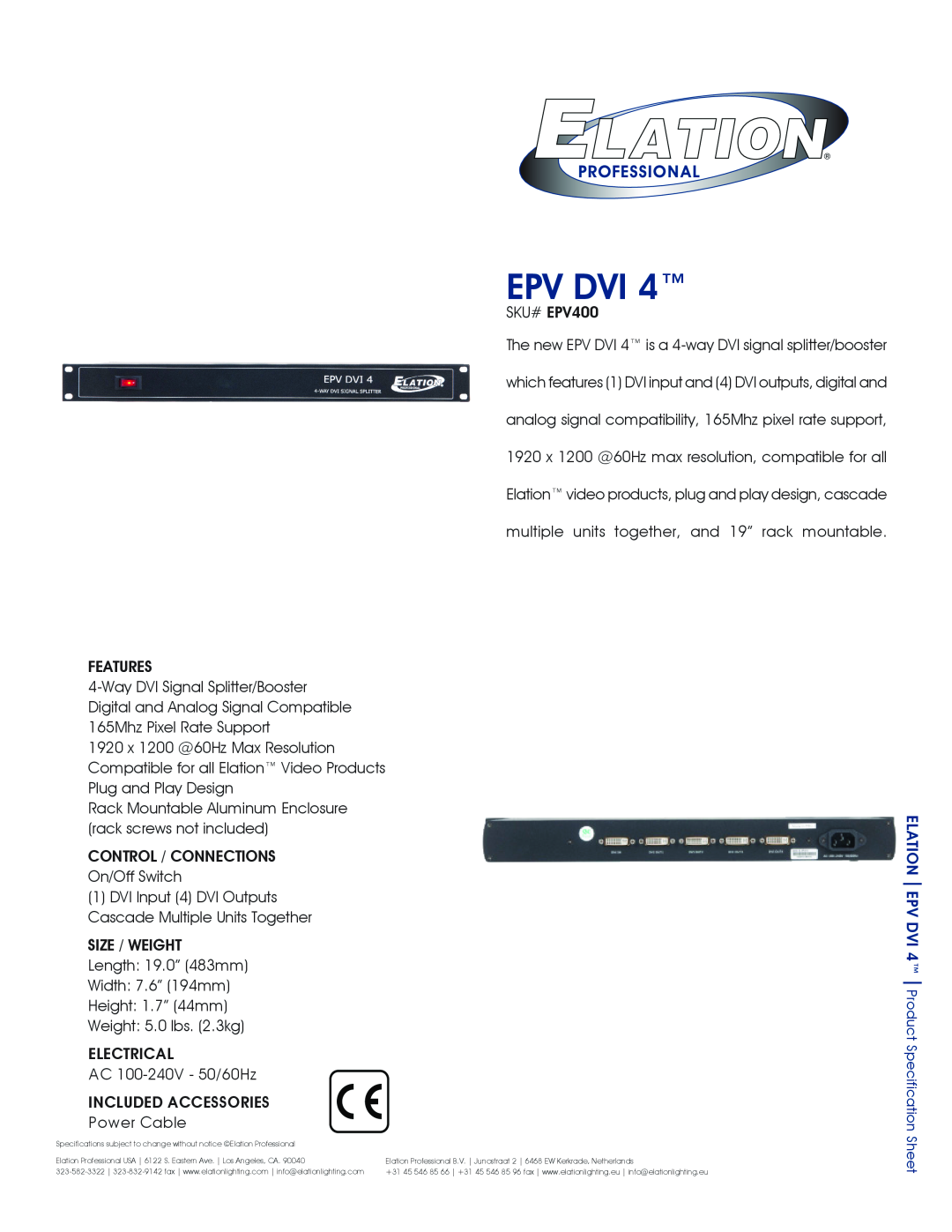 Elation Professional EPV400 specifications Epv Dvi 