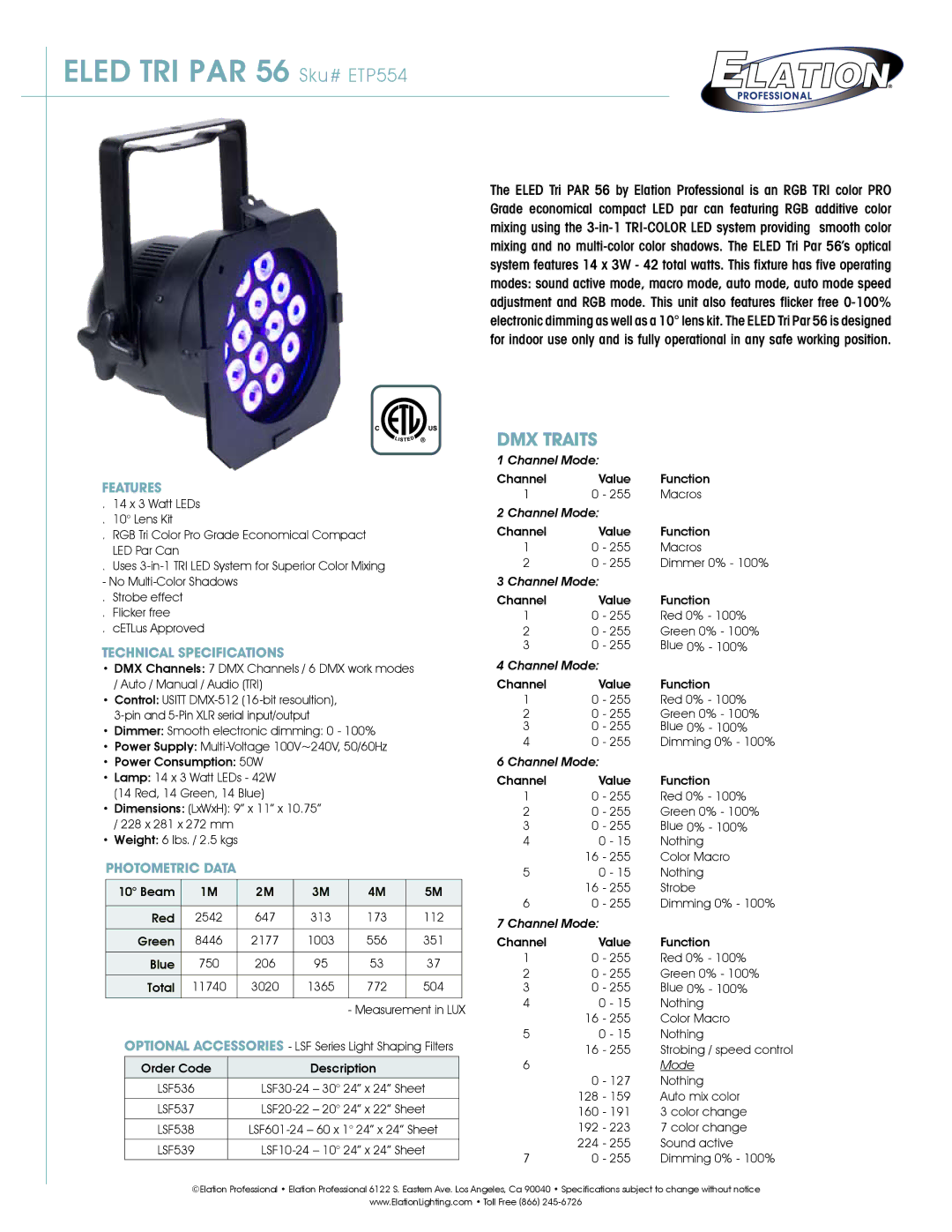 Elation Professional technical specifications Eled TRI PAR 56 Sku# ETP554, DMX Traits, Features, Photometric data 