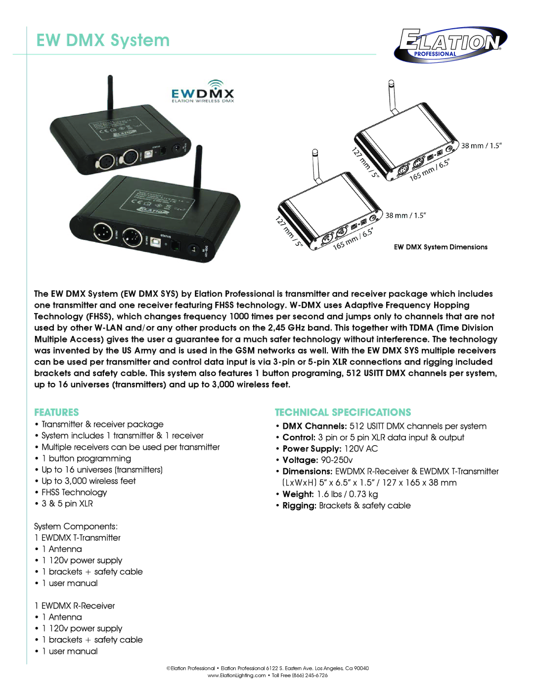 Elation Professional EWDMX technical specifications EW DMX System, Features, Technical Specifications 