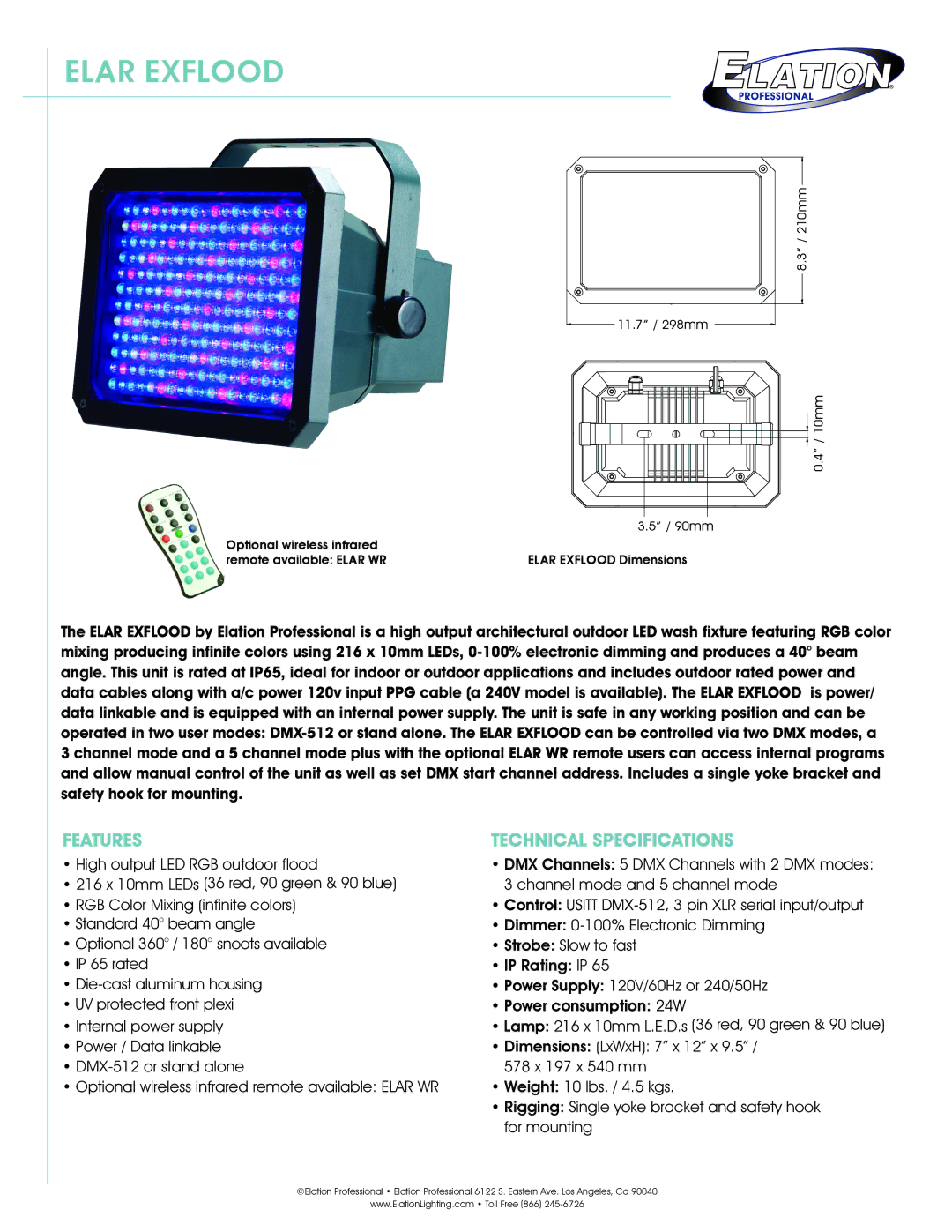 Elation Professional Flood Light technical specifications Features, Technical Specifications 