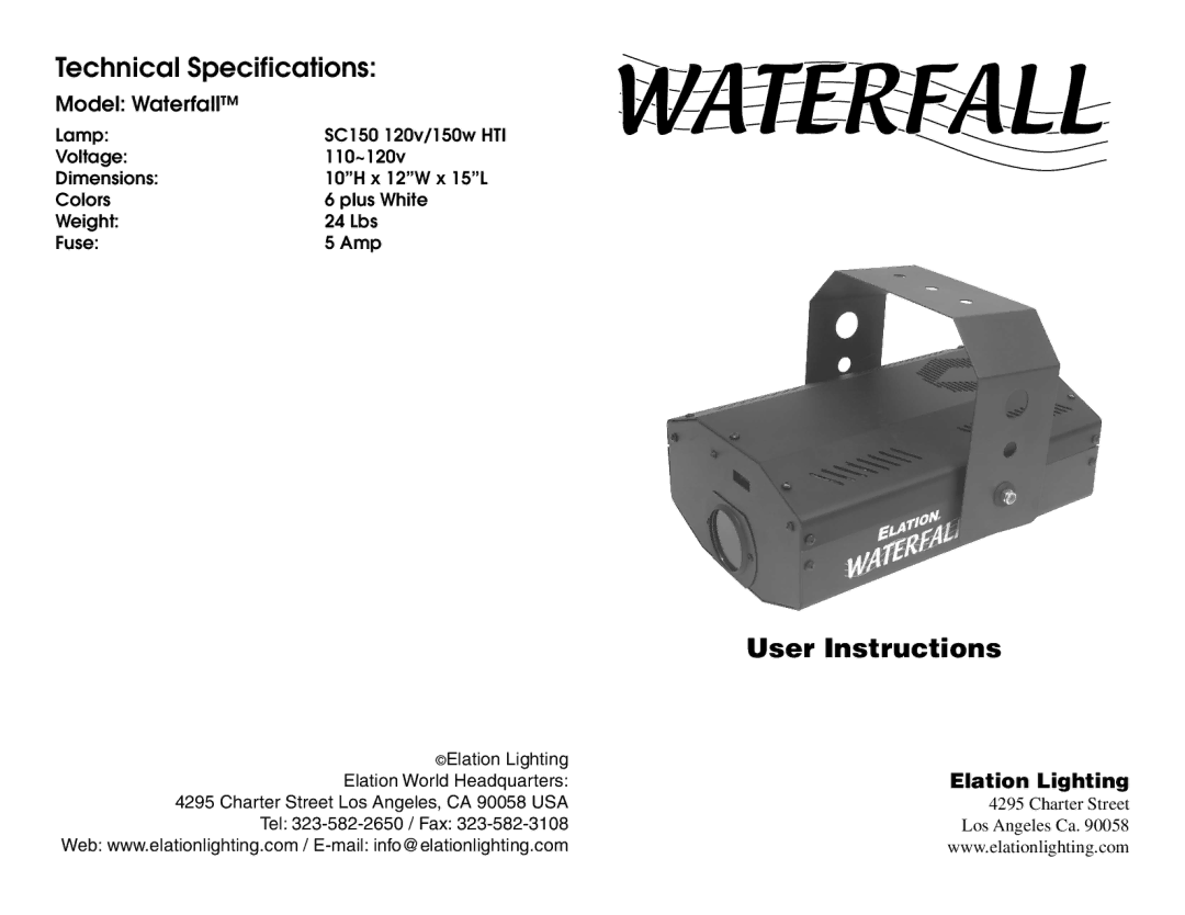 Elation Professional Indoor Furnishings technical specifications User Instructions 