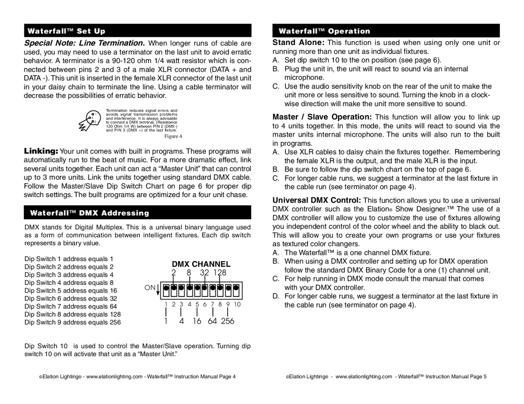 Elation Professional Indoor Furnishings technical specifications Waterfall DMX Addressing, Waterfall Operation 