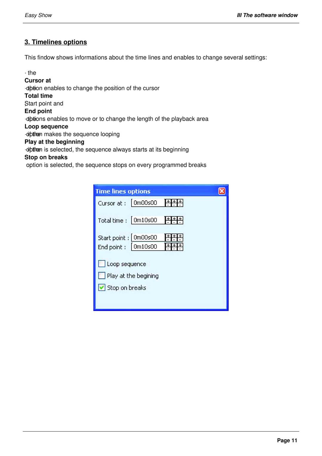 Elation Professional Laptop PC Cursor at, Total time, End point, Loop sequence, Play at the beginning, Stop on breaks 