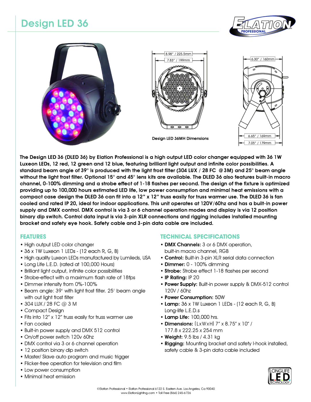 Elation Professional LED 36 technical specifications Design LED, Features, Technical Specifications 