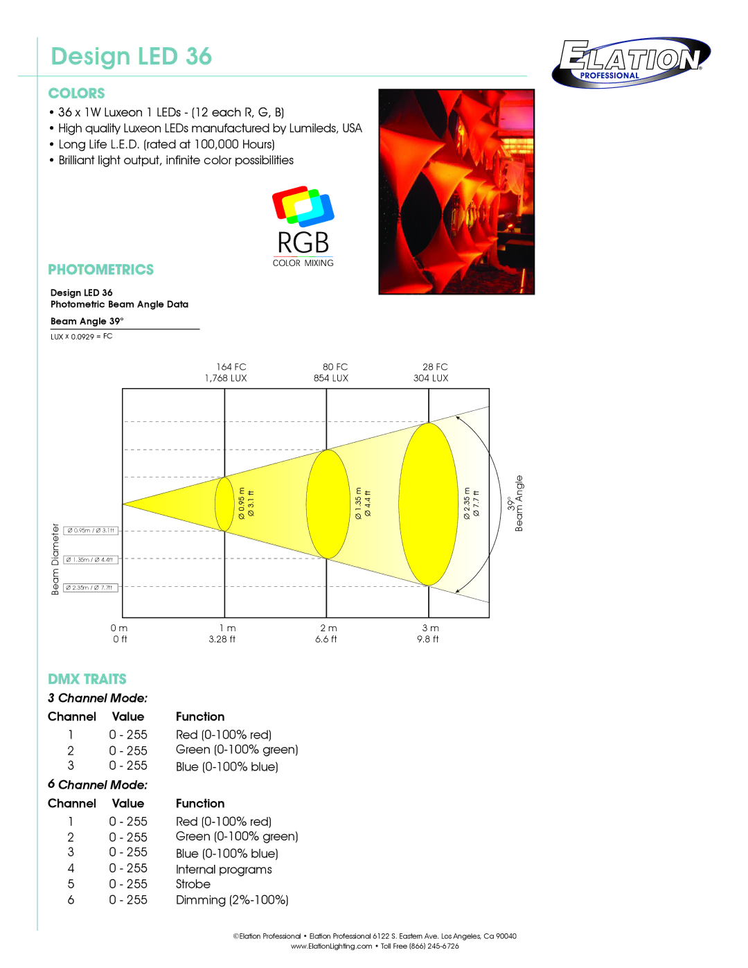 Elation Professional LED 36 technical specifications Colors, Photometrics, DMX Traits 