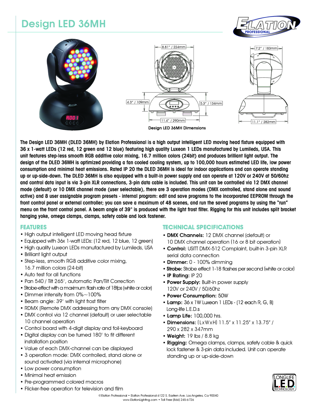 Elation Professional technical specifications Design LED 36MH, Features, Technical Specifications 