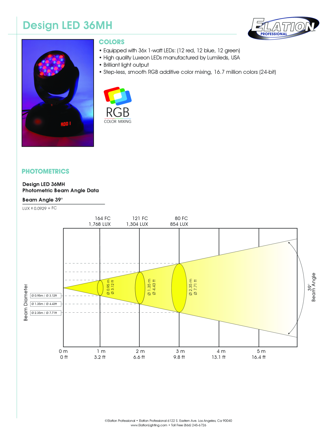 Elation Professional technical specifications Colors, Photometrics, Design LED 36MH, 1,768 LUX, 1,304 LUX, 854 LUX 