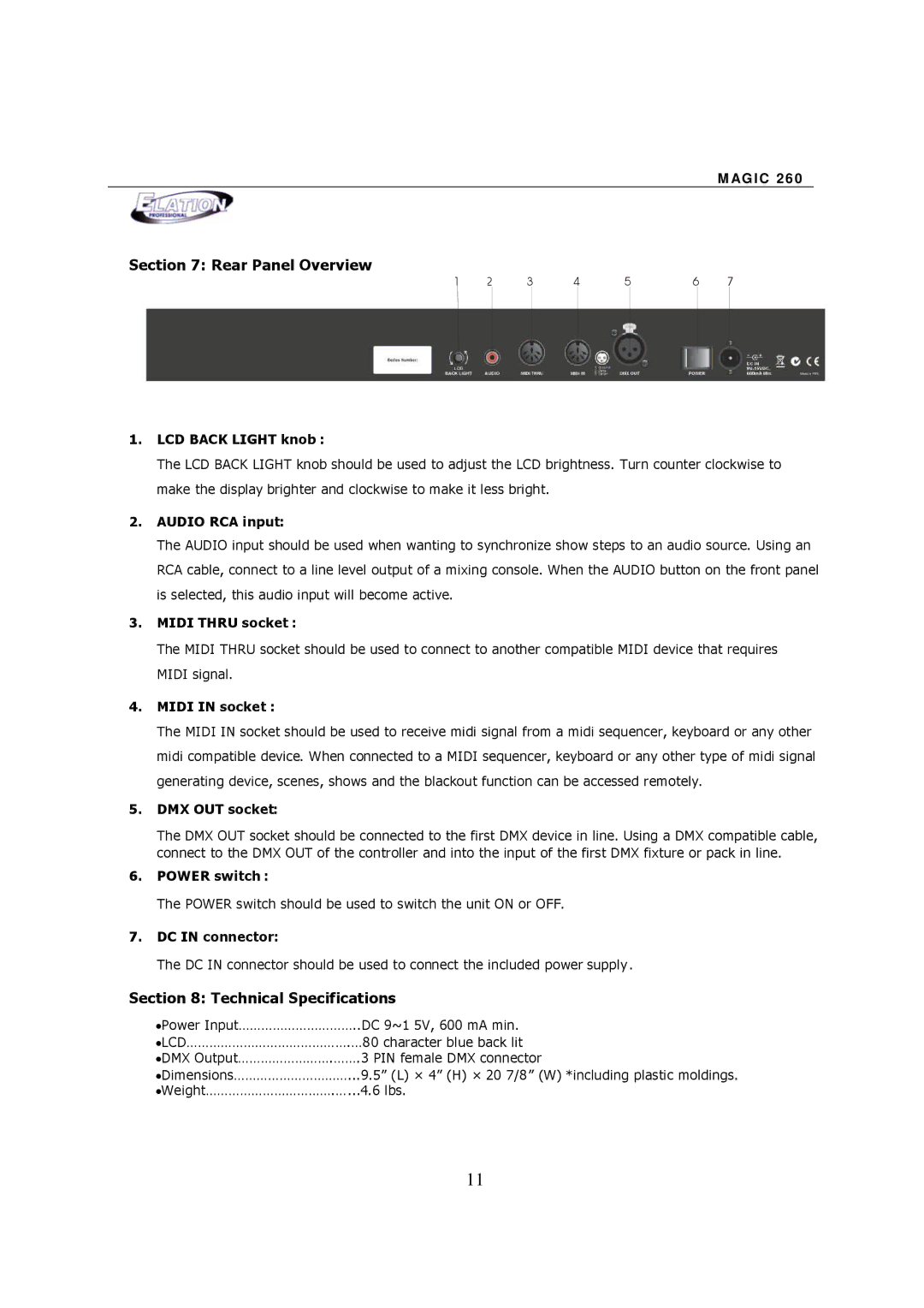 Elation Professional MAGIC-260 user manual Rear Panel Overview, Technical Specifications 