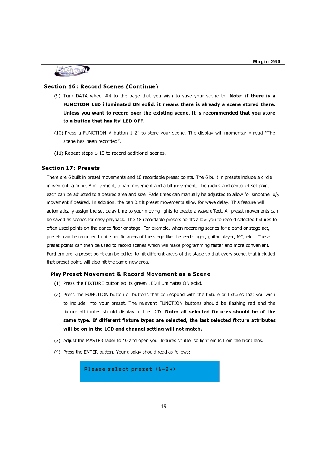 Elation Professional MAGIC-260 user manual Please select preset, Record Scenes Continue, Presets 