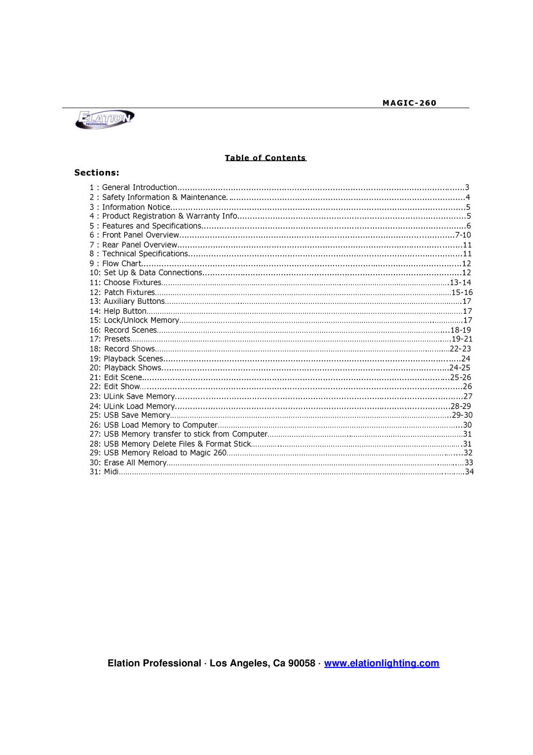 Elation Professional MAGIC-260 user manual Sections, G I C 2 6 Table of Contents 