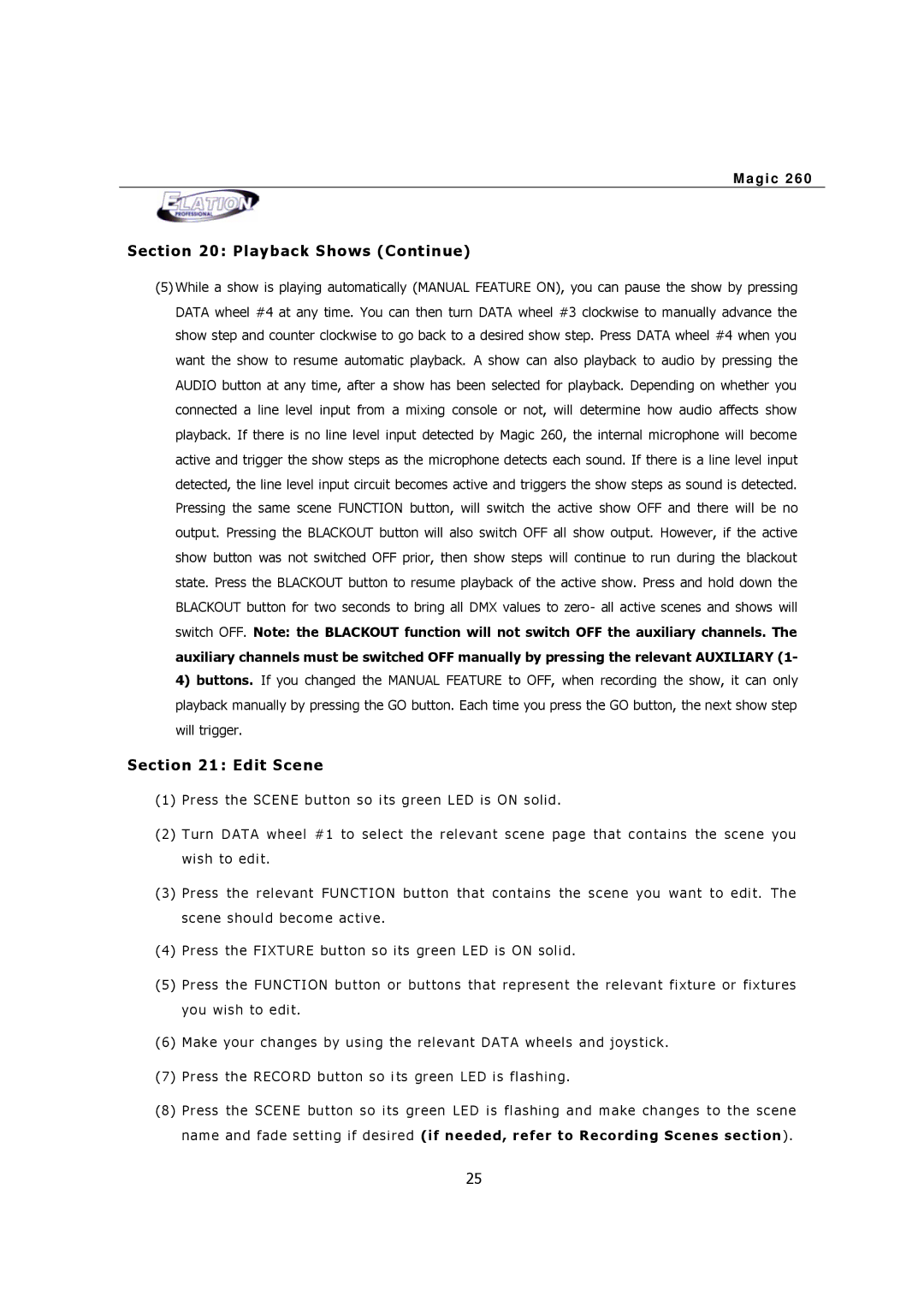 Elation Professional MAGIC-260 user manual Playback Shows Continue, Edit Scene 