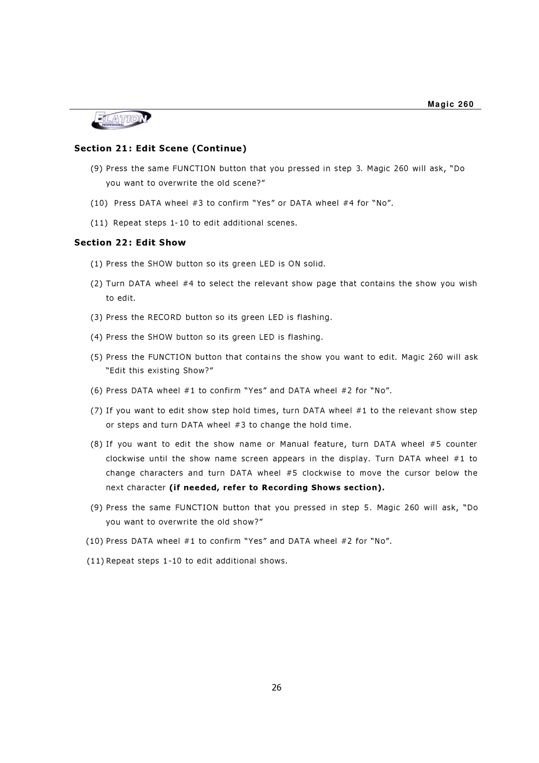 Elation Professional MAGIC-260 user manual Edit Scene Continue, Edit Show 