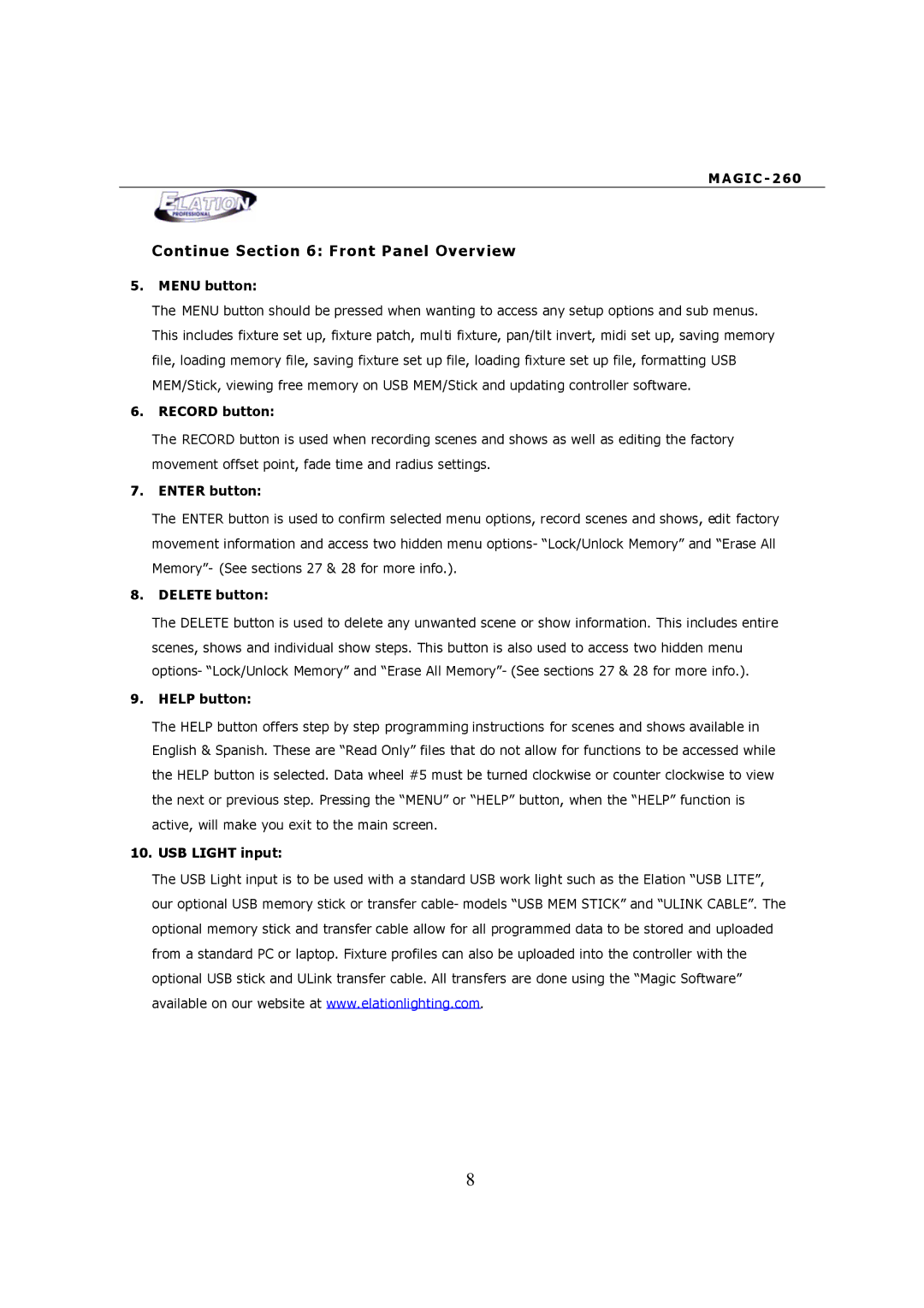 Elation Professional MAGIC-260 user manual Continue Front Panel Overview 