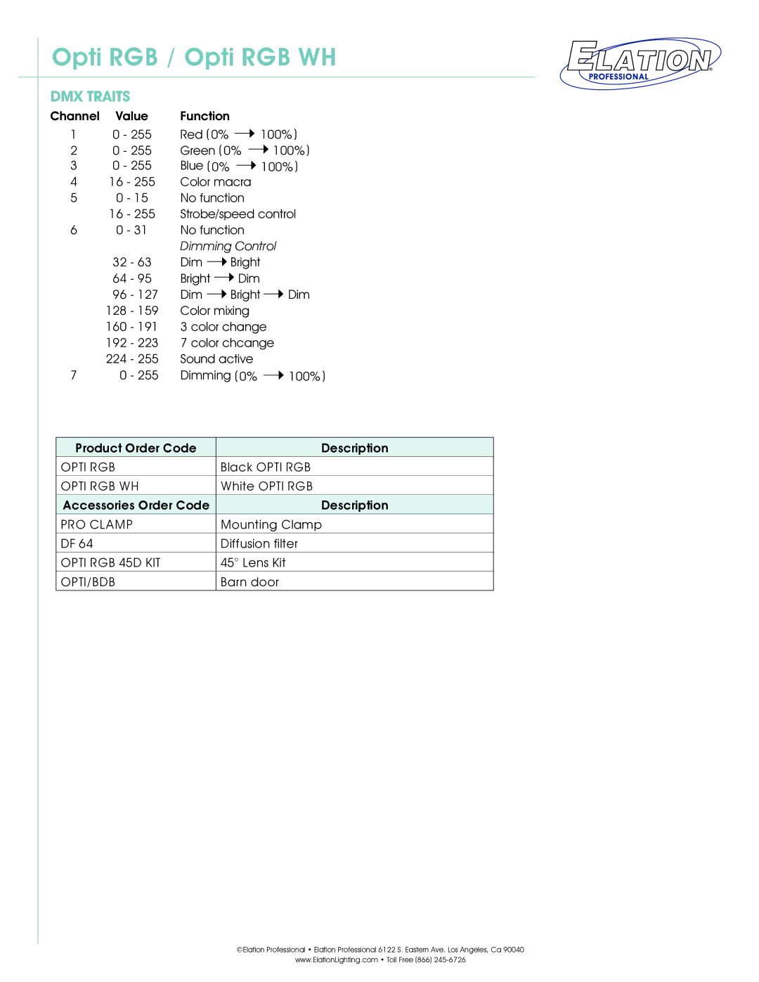 Elation Professional Opti RGB WH technical specifications DMX Traits, Dimming Control 
