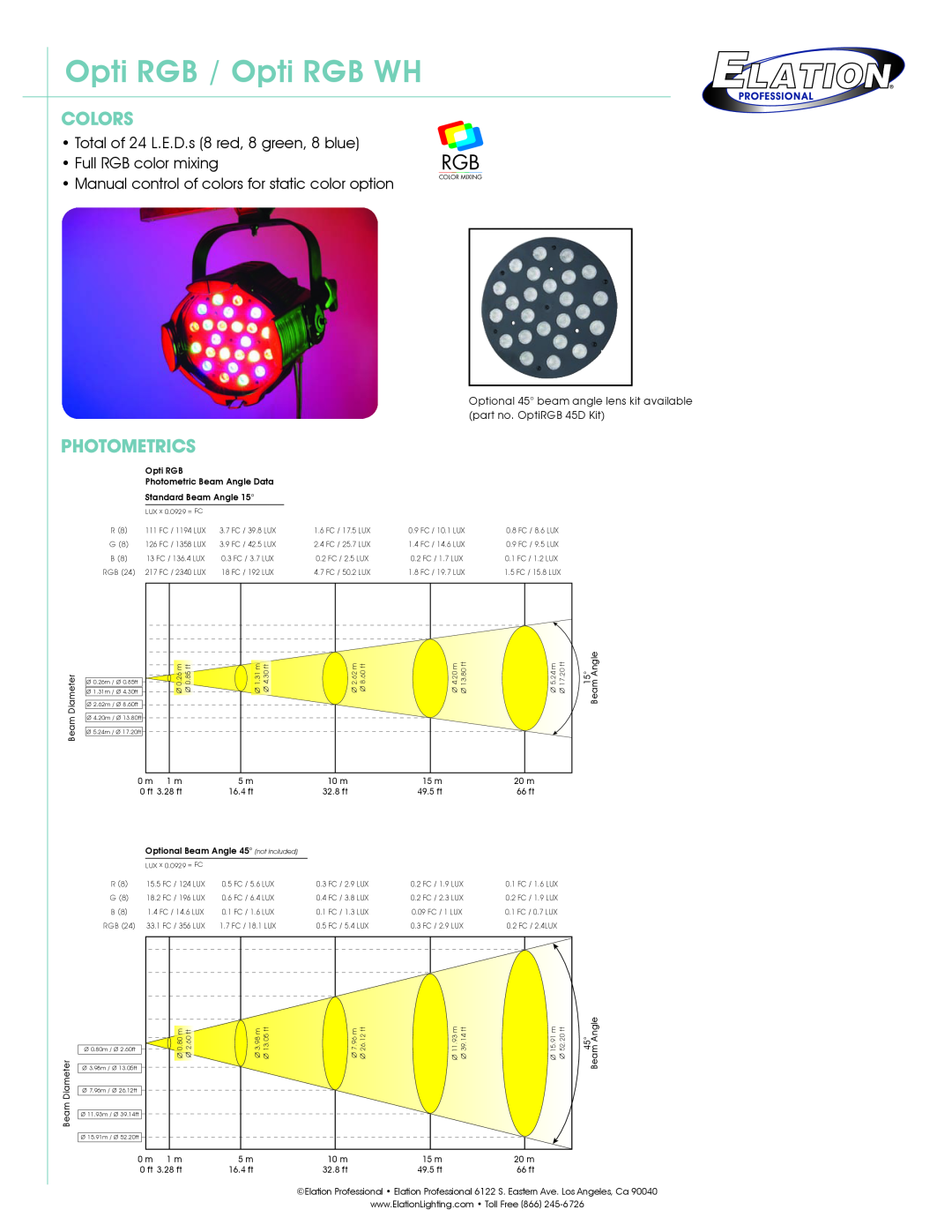 Elation Professional technical specifications Colors, Photometrics, Opti RGB / Opti RGB WH 
