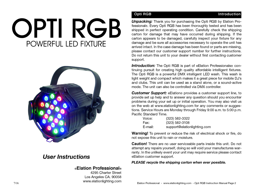 Elation Professional instruction manual Opti RGB Introduction, Please recycle the shipping carton when ever possible 