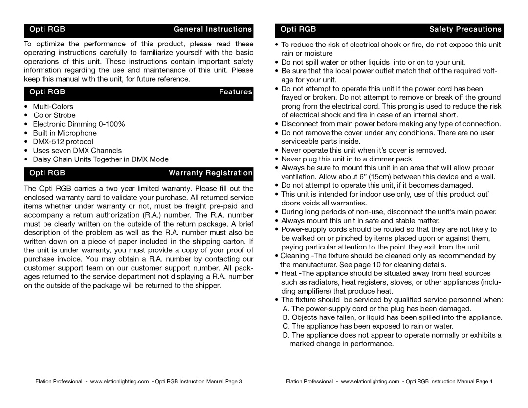 Elation Professional instruction manual Opti RGB General Instructions, Opti RGB Features, Opti RGB Warranty Registration 