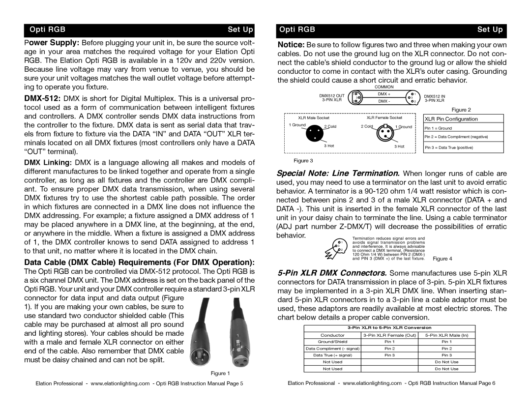 Elation Professional instruction manual Data Cable DMX Cable Requirements For DMX Operation, Opti RGB Set Up 