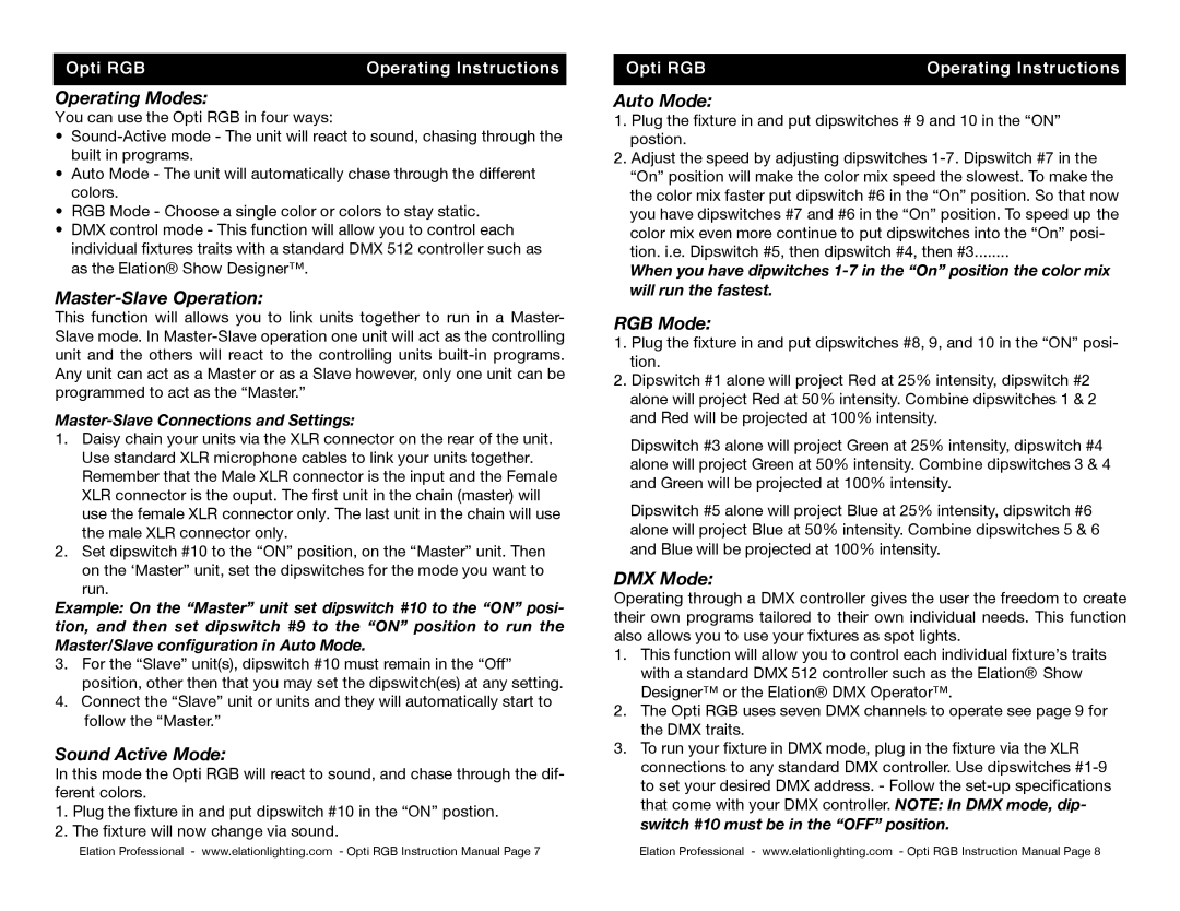 Elation Professional instruction manual Operating Modes, Opti RGB Operating Instructions 