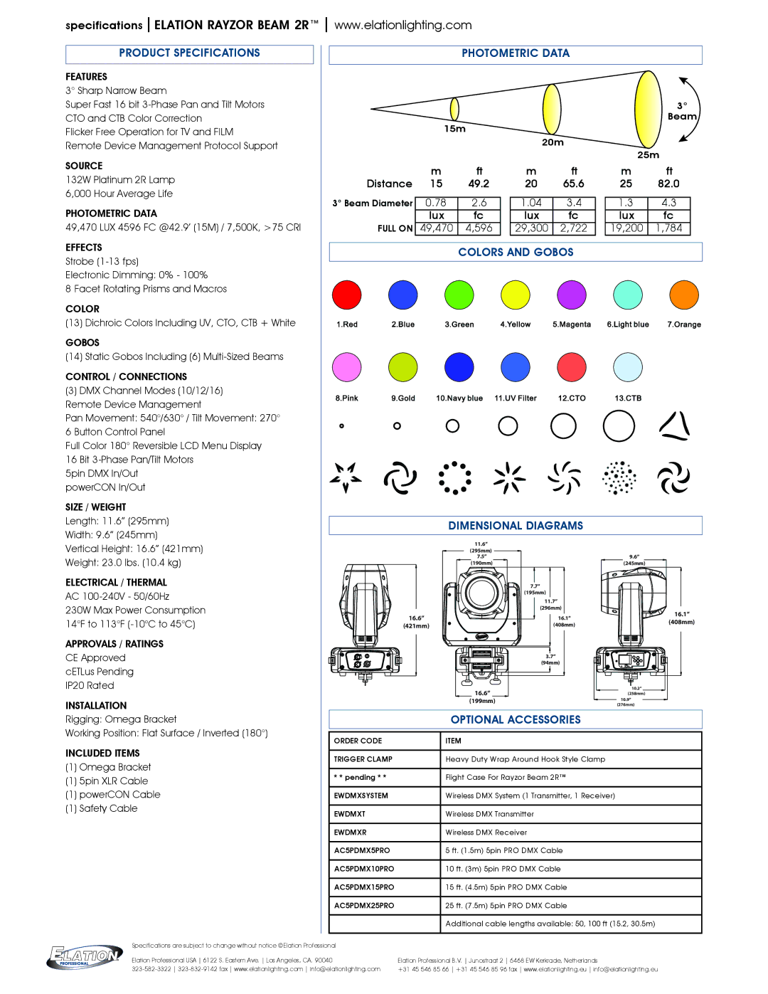 Elation Professional RAY536 specifications Product Specifications, Photometric Data, Colors and Gobos Dimensional Diagrams 