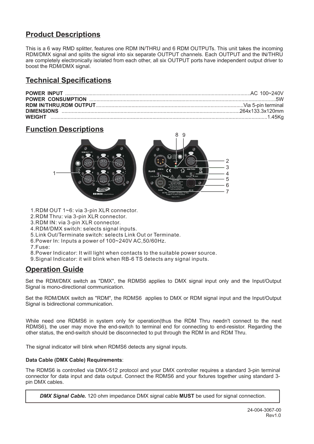 Elation Professional RDMS6 manual Product Descriptions, Technical Specifications, Function Descriptions, Operation Guide 