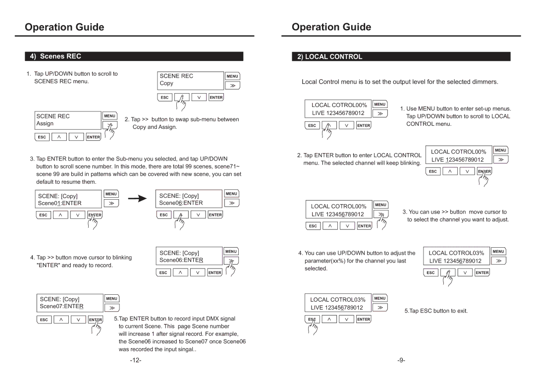 Elation Professional RMD-1220 Scene0 1ENTER Scene0 6ENTER, Live, Control menu, Tap Enter button to enter Local Control 