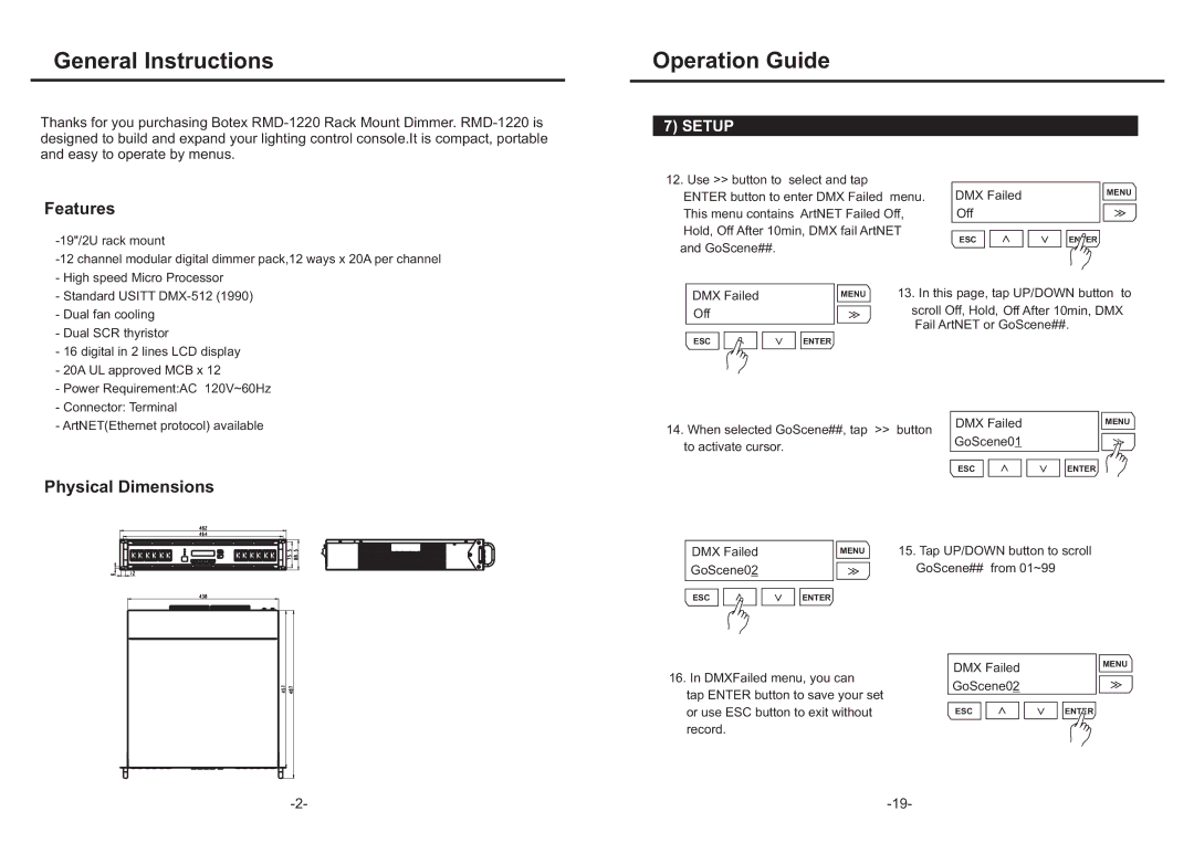 Elation Professional RMD-1220 manual General Instructions, Features, Physical Dimensions 