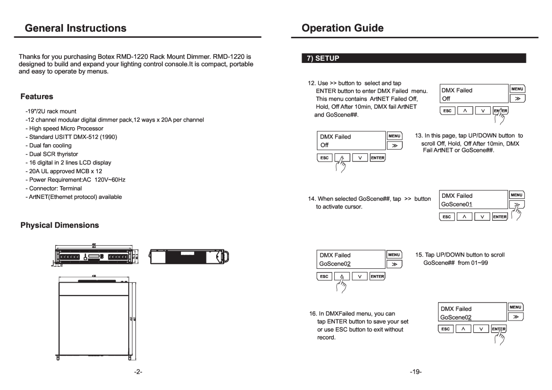 Elation Professional RMD-1220 General Instructions, Features, Physical Dimensions, Operation Guide, Setup, DMX Failed 