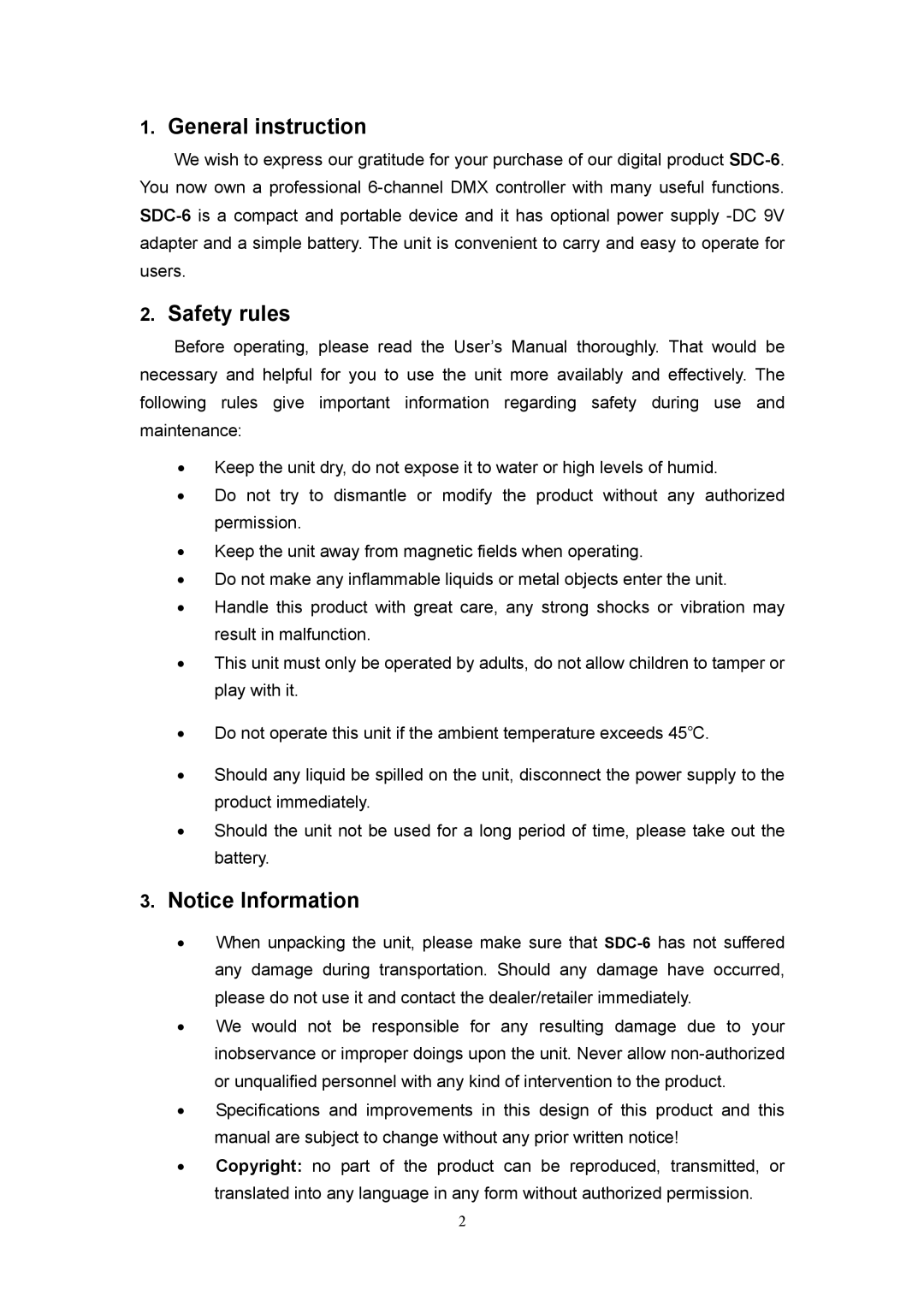 Elation Professional sdc-6 user manual General instruction, Safety rules 